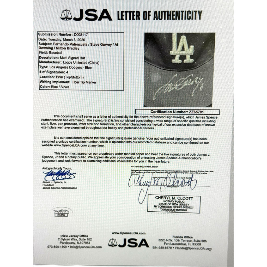 Los Angeles Dodgers Multi‑Signed Hat Fernando Valenzuela Steve Garvey Al Downing Milton Bradley JSA LOA