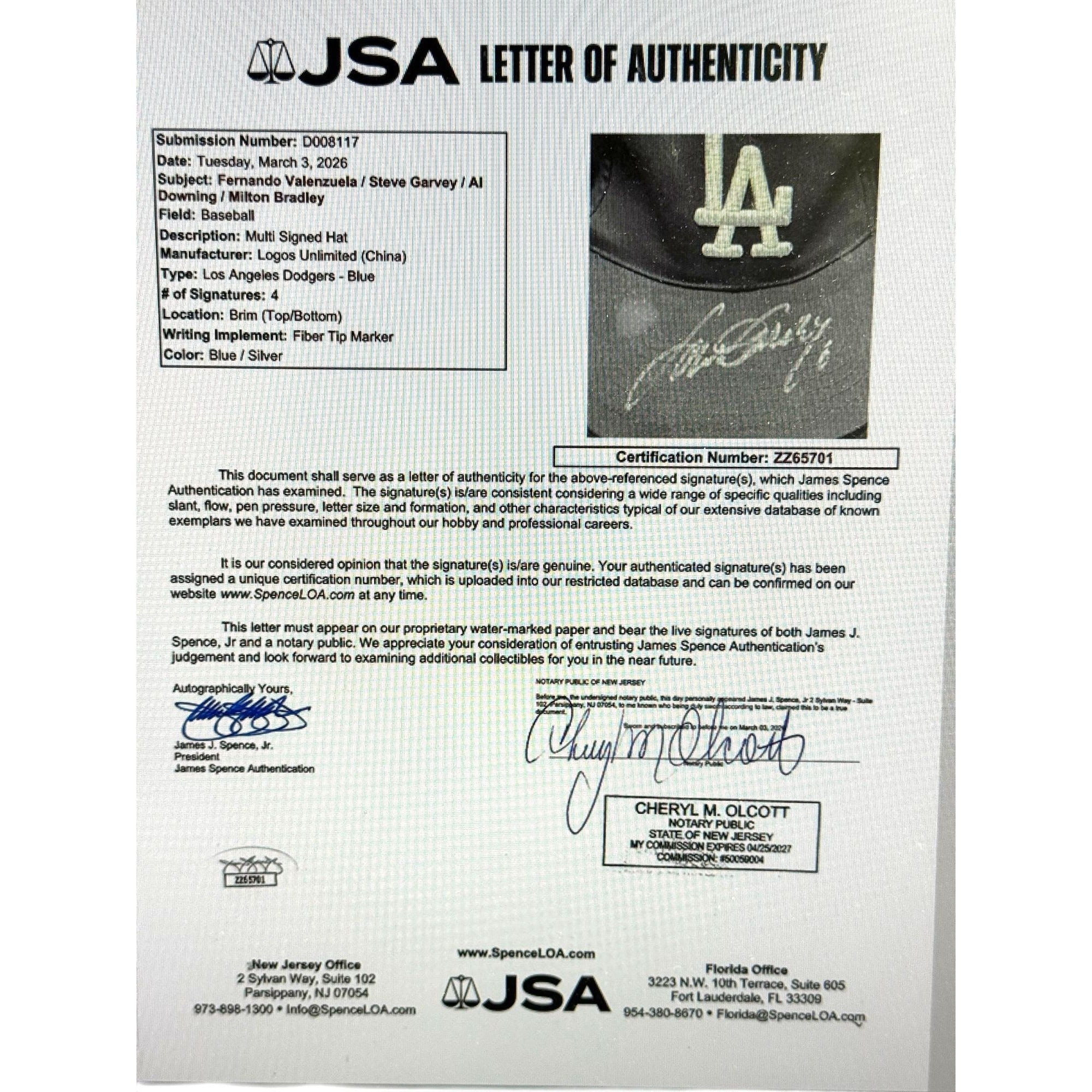 Los Angeles Dodgers Multi‑Signed Hat Fernando Valenzuela Steve Garvey Al Downing Milton Bradley JSA LOA