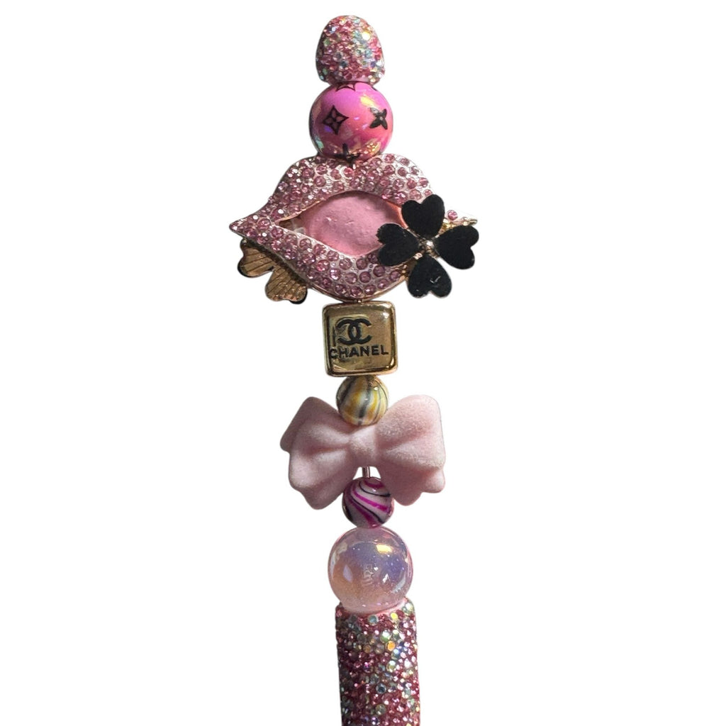 Handcrafted Luxury Rhinestone Pen With Pink Beads Bow Detail & Decorative Accents - Both Sides Embellished