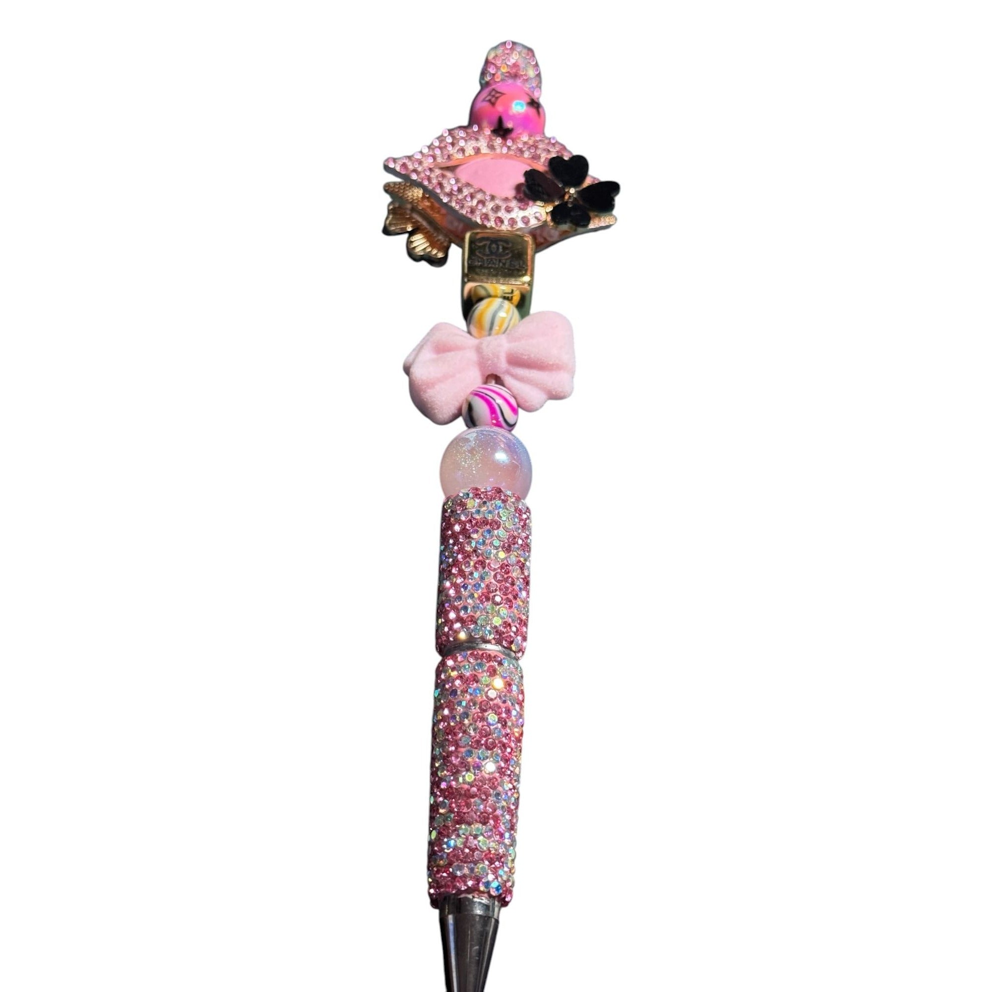 Handcrafted Luxury Rhinestone Pen With Pink Beads Bow Detail & Decorative Accents - Both Sides Embellished