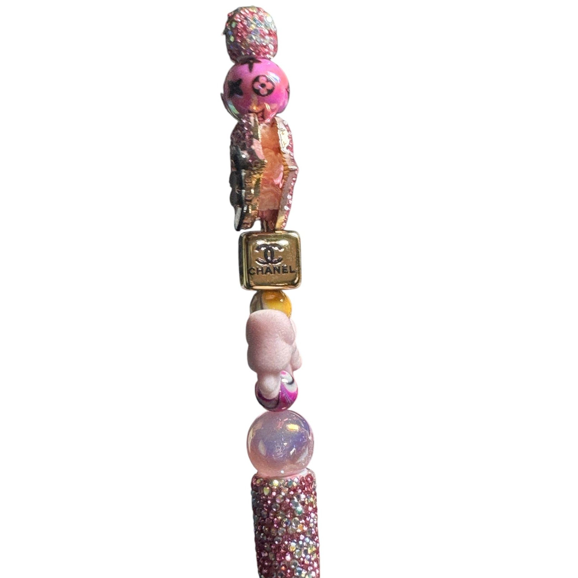 Handcrafted Luxury Rhinestone Pen With Pink Beads Bow Detail & Decorative Accents - Both Sides Embellished