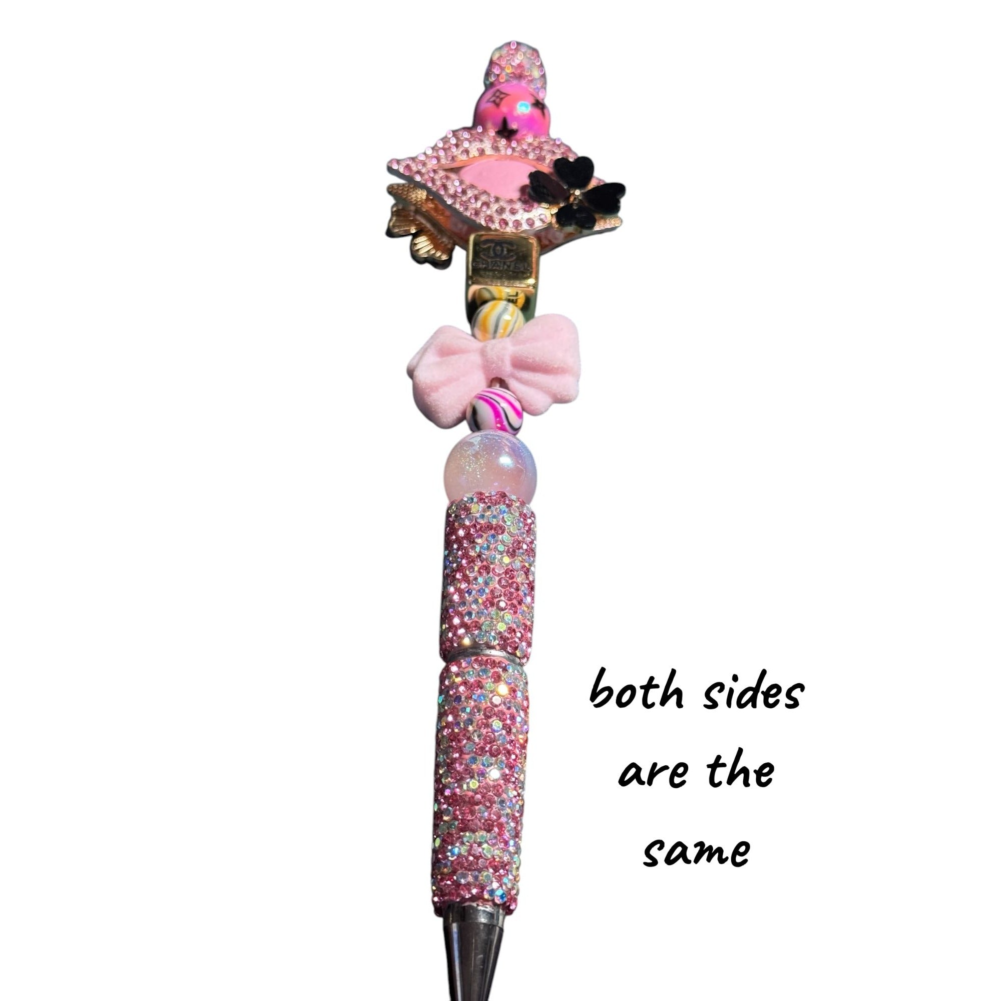 Handcrafted Luxury Rhinestone Pen With Pink Beads Bow Detail & Decorative Accents - Both Sides Embellished