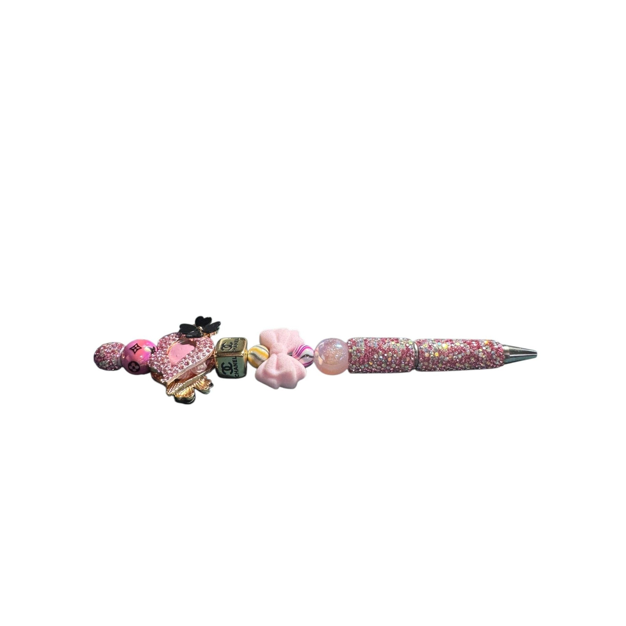 Handcrafted Luxury Rhinestone Pen With Pink Beads Bow Detail & Decorative Accents - Both Sides Embellished