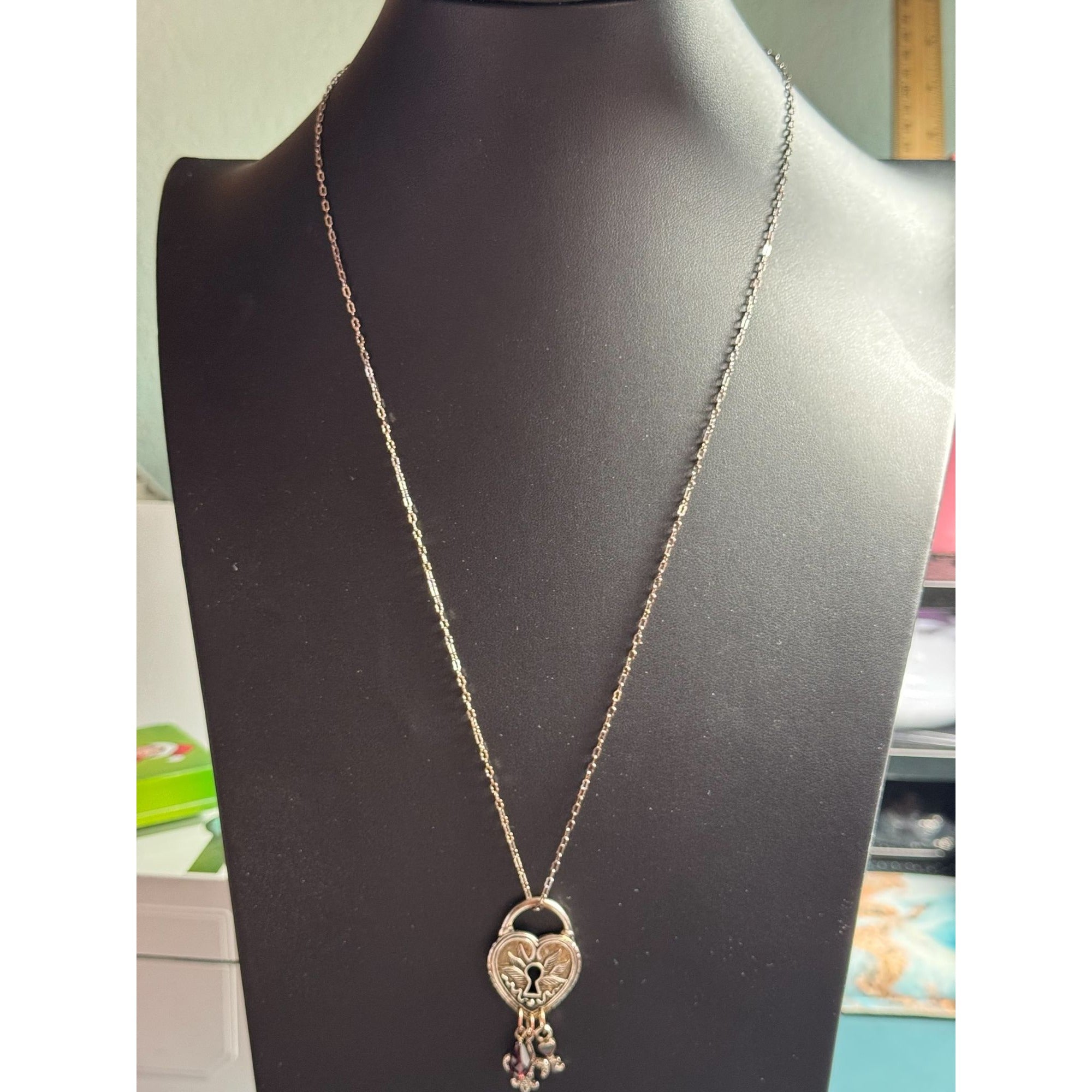 Heart-Shaped Padlock Pendant Necklace With Charms & Keyhole Design Silver-Tone Chain Fleur-De-Lis Key & Crystal Accents
