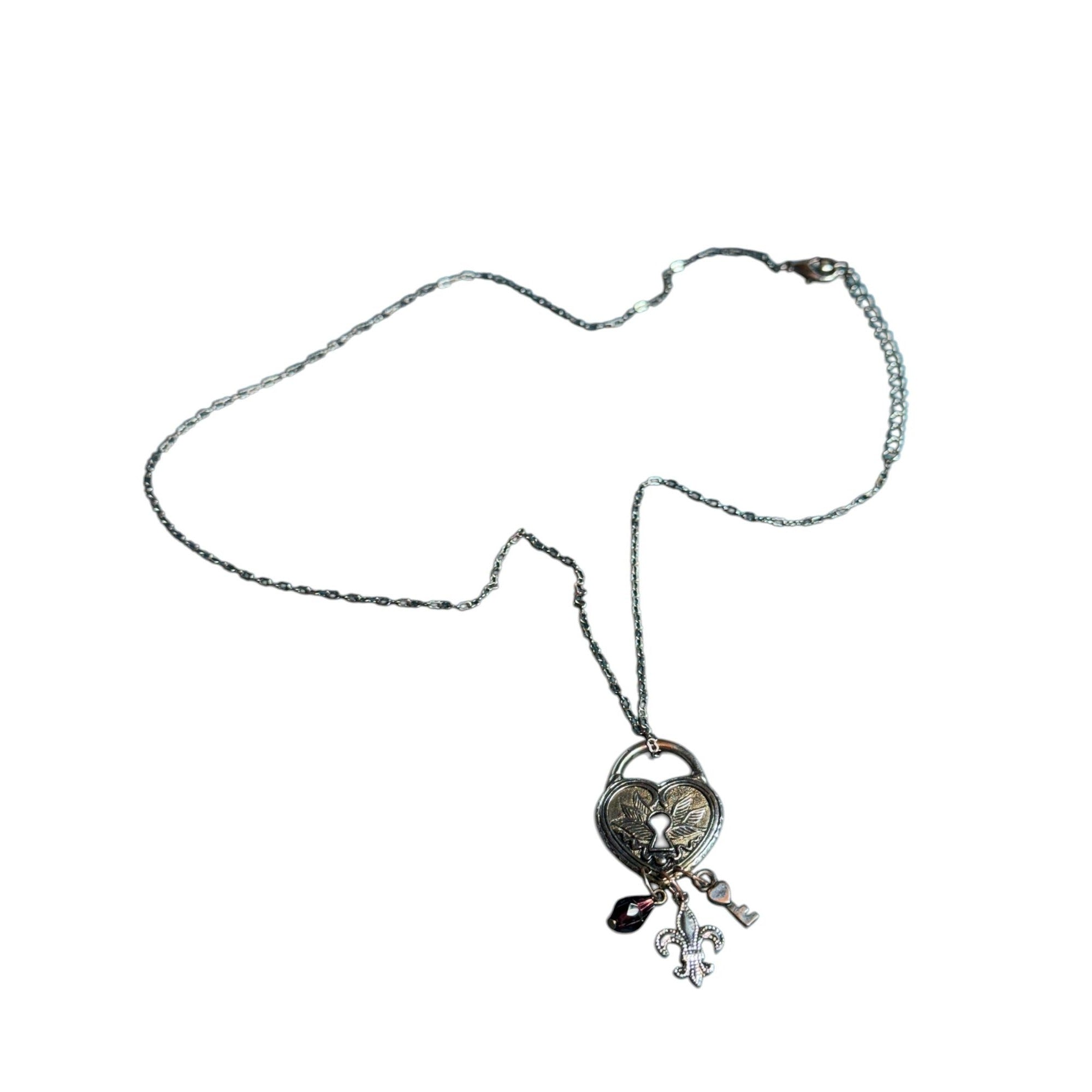 Heart-Shaped Padlock Pendant Necklace With Charms & Keyhole Design Silver-Tone Chain Fleur-De-Lis Key & Crystal Accents