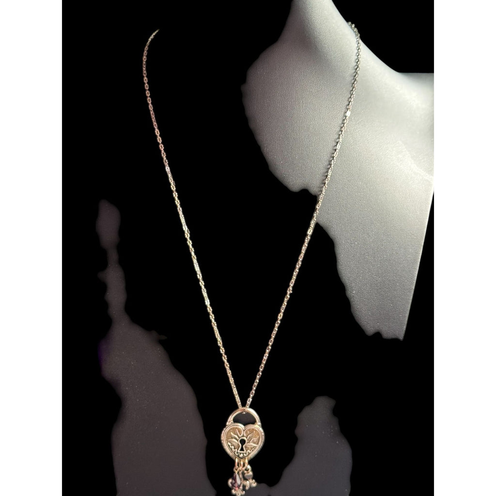 Heart-Shaped Padlock Pendant Necklace With Charms & Keyhole Design Silver-Tone Chain Fleur-De-Lis Key & Crystal Accents
