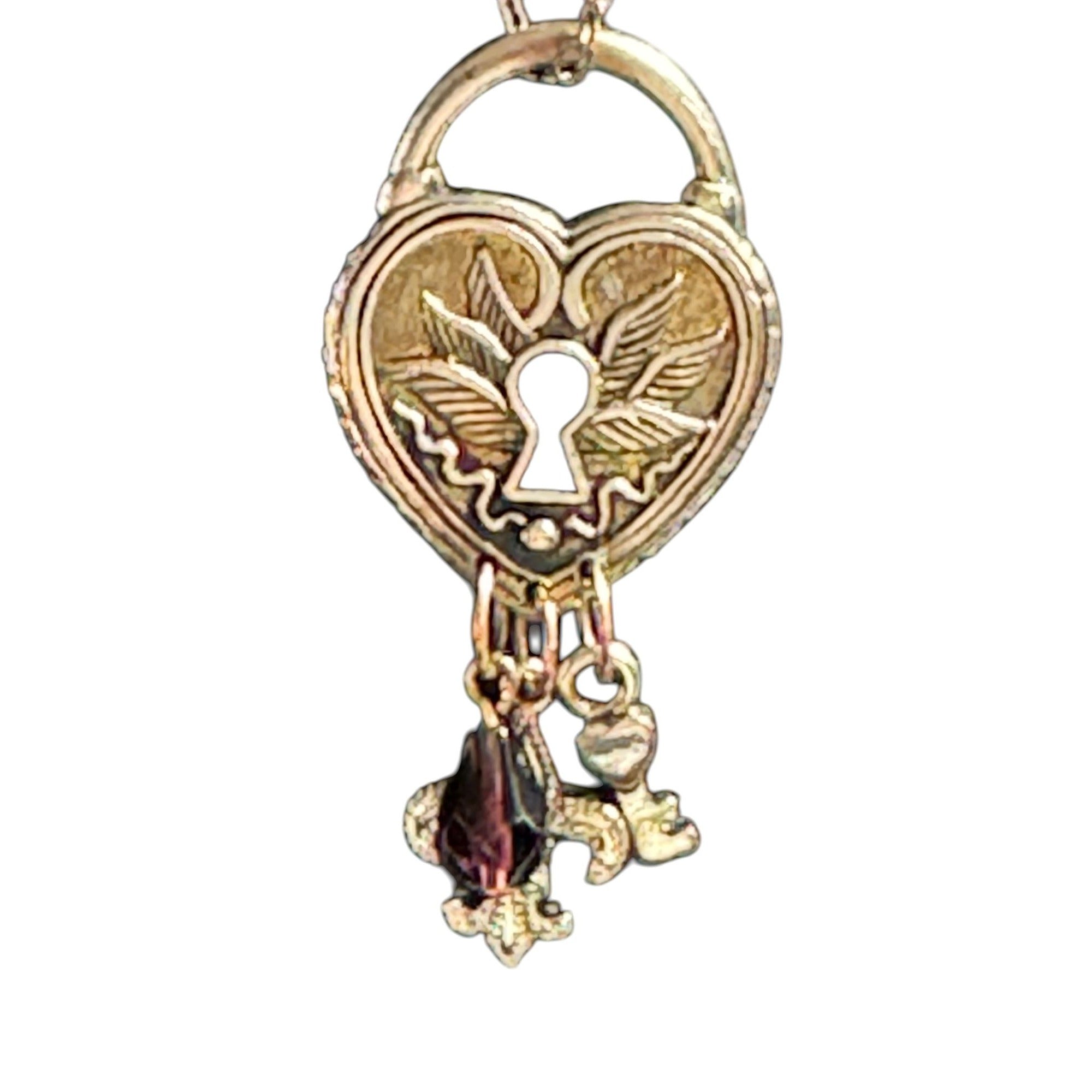 Heart-Shaped Padlock Pendant Necklace With Charms & Keyhole Design Silver-Tone Chain Fleur-De-Lis Key & Crystal Accents
