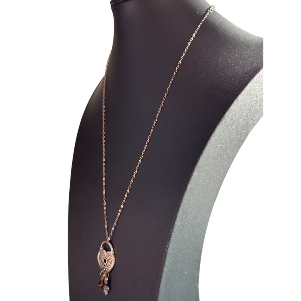 Heart-Shaped Padlock Pendant Necklace With Charms & Keyhole Design Silver-Tone Chain Fleur-De-Lis Key & Crystal Accents