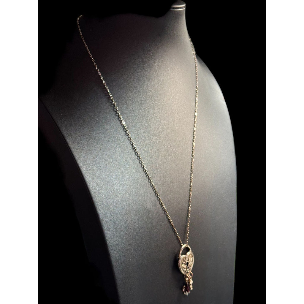 Heart-Shaped Padlock Pendant Necklace With Charms & Keyhole Design Silver-Tone Chain Fleur-De-Lis Key & Crystal Accents