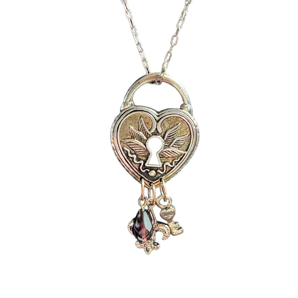 Heart-Shaped Padlock Pendant Necklace With Charms & Keyhole Design Silver-Tone Chain Fleur-De-Lis Key & Crystal Accents
