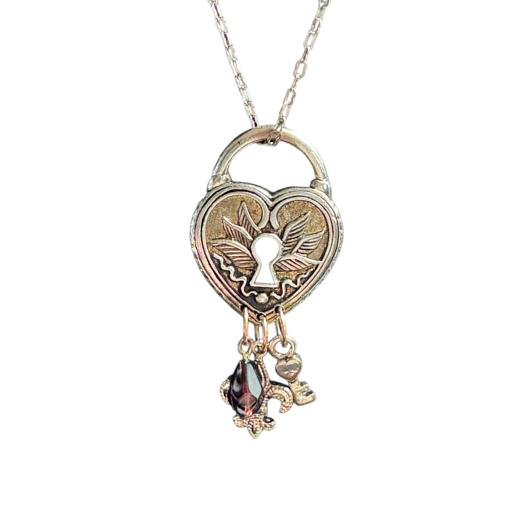 Heart-Shaped Padlock Pendant Necklace With Charms & Keyhole Design Silver-Tone Chain Fleur-De-Lis Key & Crystal Accents