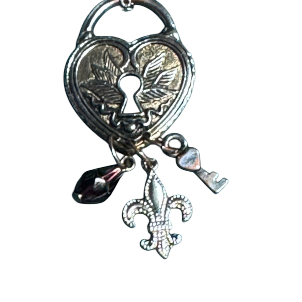 Heart-Shaped Padlock Pendant Necklace With Charms & Keyhole Design Silver-Tone Chain Fleur-De-Lis Key & Crystal Accents