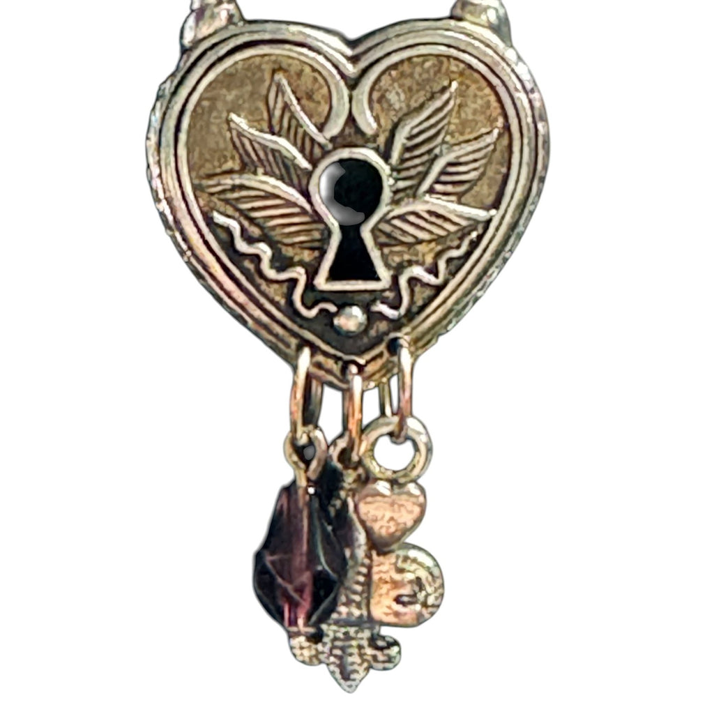 Heart-Shaped Padlock Pendant Necklace With Charms & Keyhole Design Silver-Tone Chain Fleur-De-Lis Key & Crystal Accents