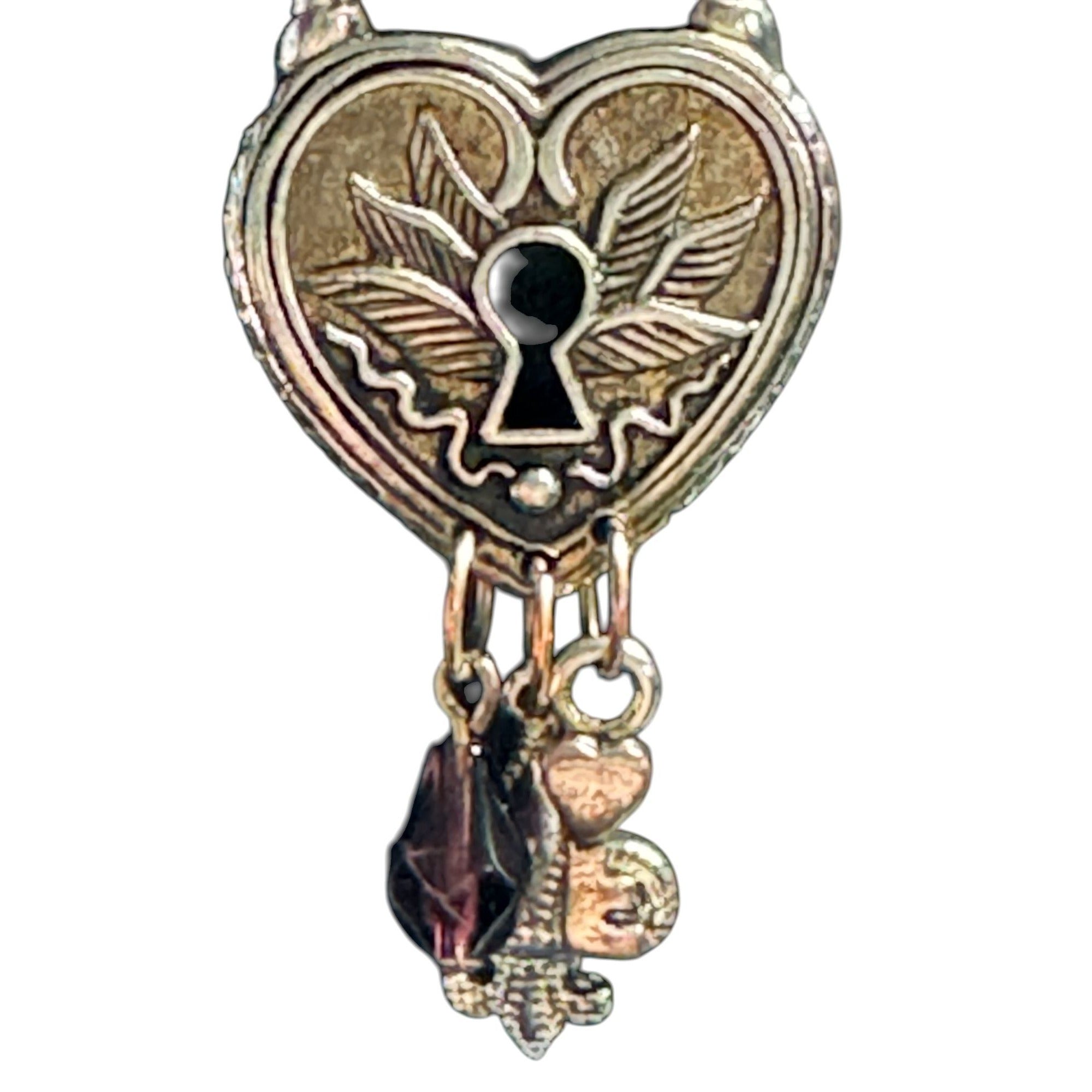Heart-Shaped Padlock Pendant Necklace With Charms & Keyhole Design Silver-Tone Chain Fleur-De-Lis Key & Crystal Accents