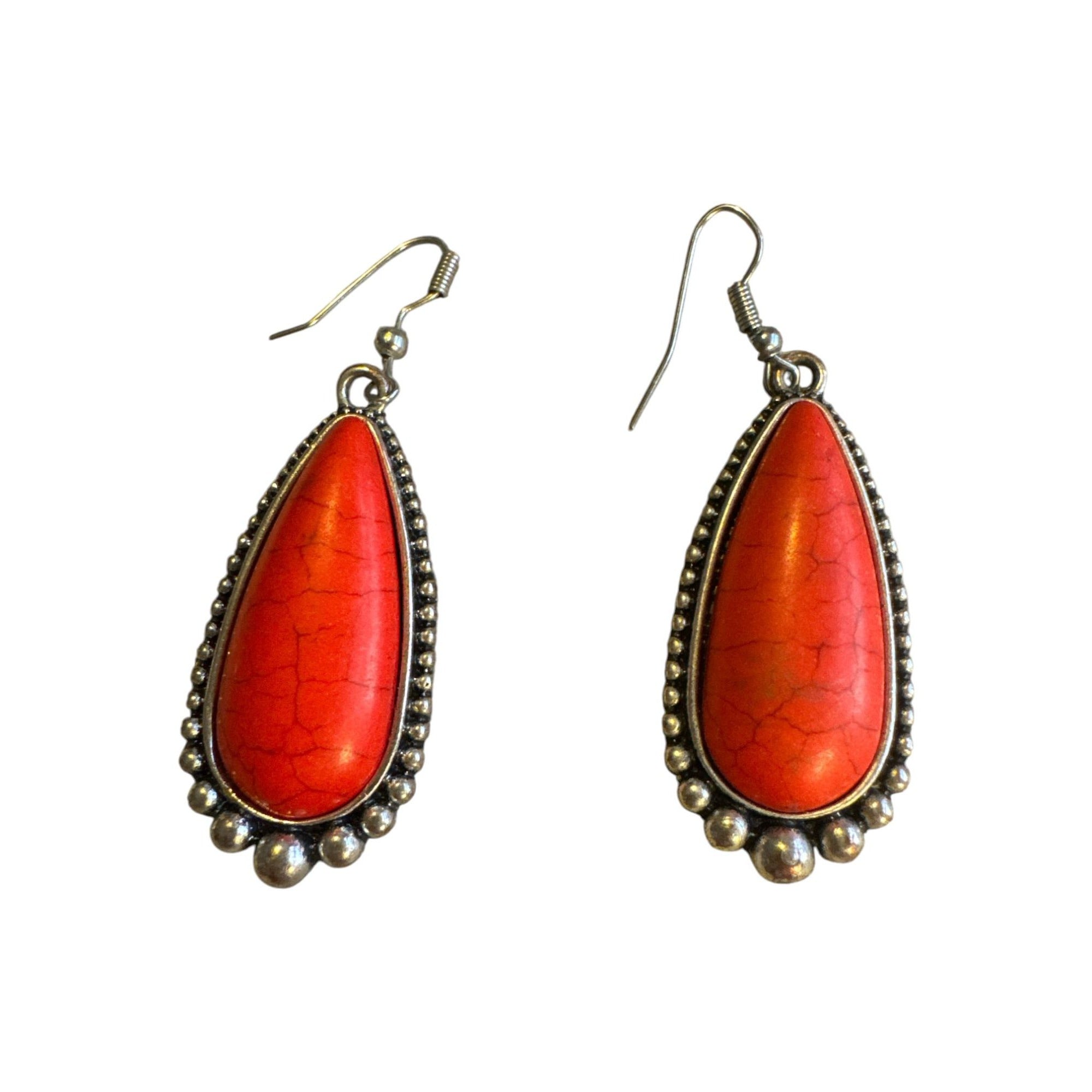 Vintage Style Red Teardrop Dangle Earrings Silver Tone Boho Western Crackle Stone 2 Inches Long