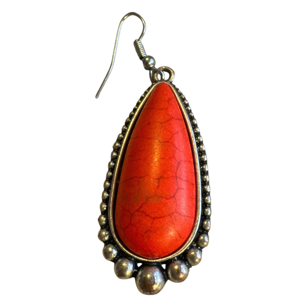 Vintage Style Red Teardrop Dangle Earrings Silver Tone Boho Western Crackle Stone 2 Inches Long