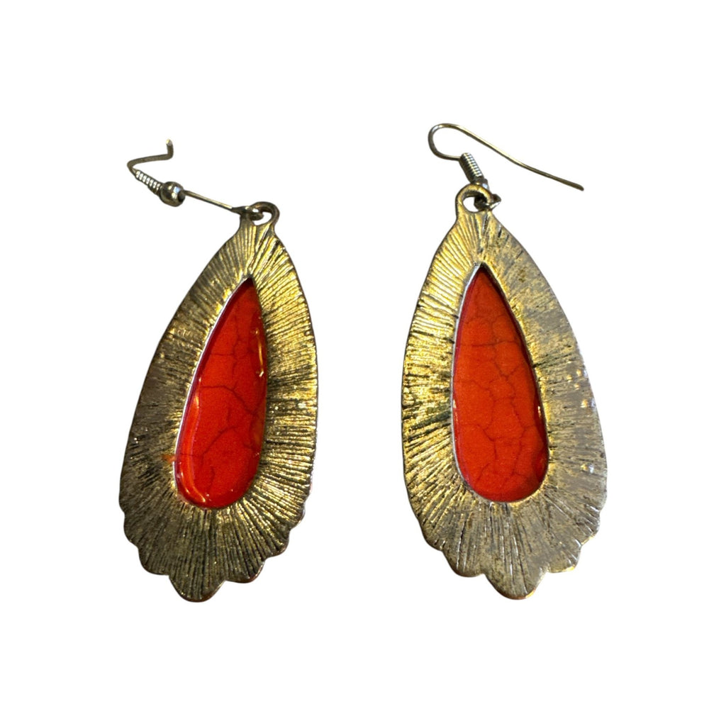 Vintage Style Red Teardrop Dangle Earrings Silver Tone Boho Western Crackle Stone 2 Inches Long