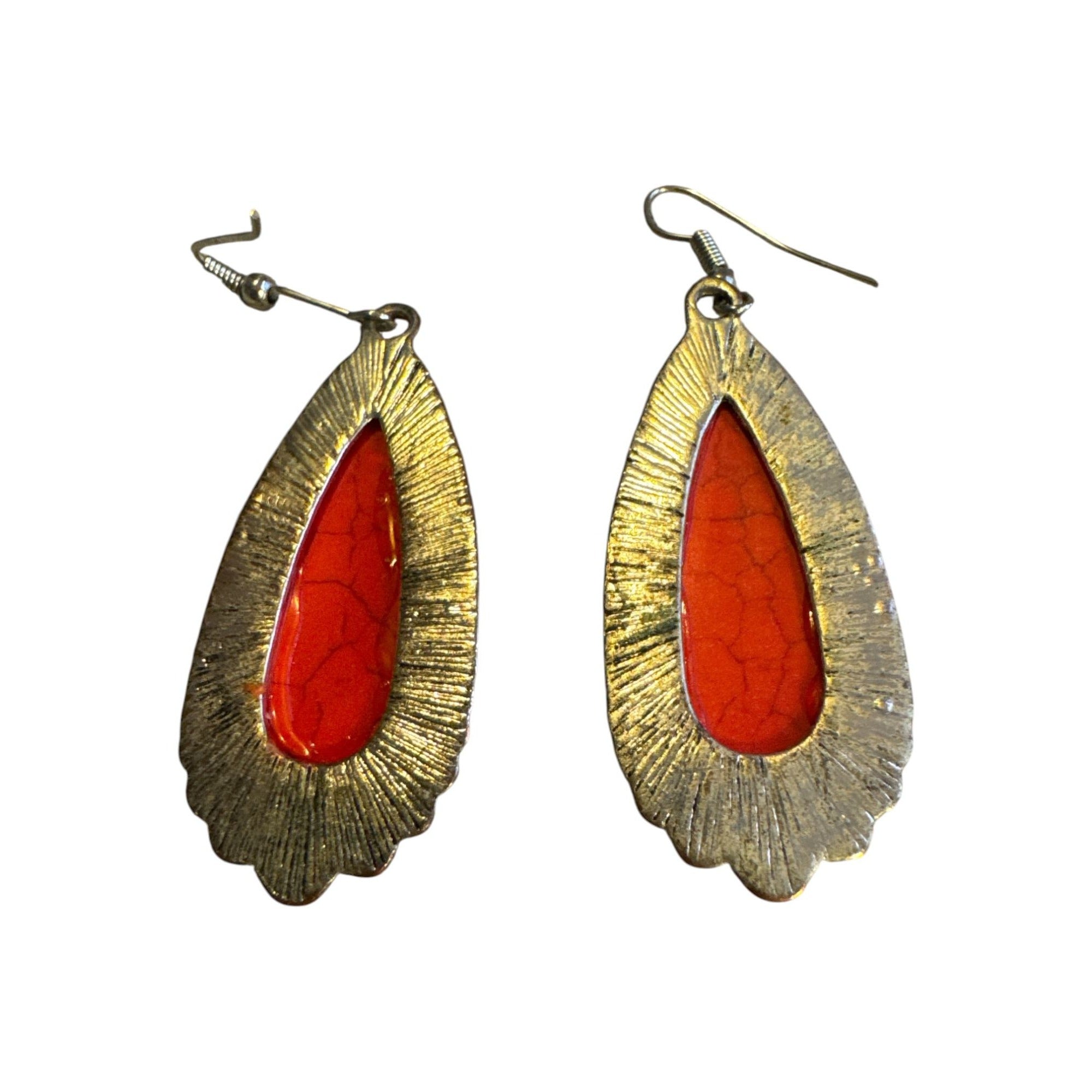 Vintage Style Red Teardrop Dangle Earrings Silver Tone Boho Western Crackle Stone 2 Inches Long