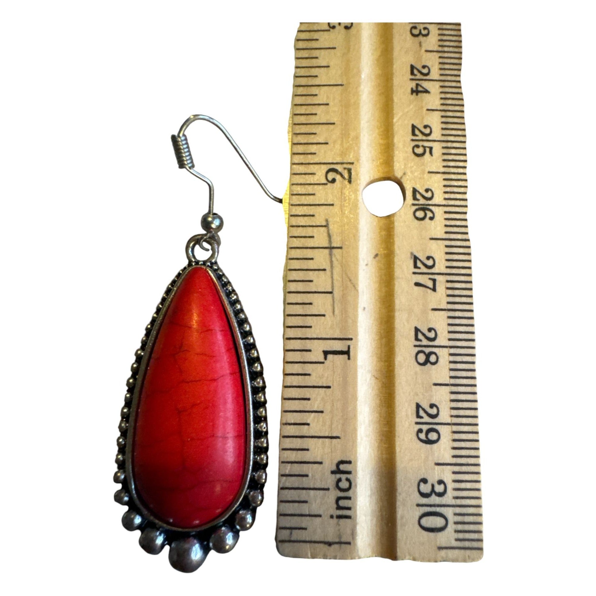 Vintage Style Red Teardrop Dangle Earrings Silver Tone Boho Western Crackle Stone 2 Inches Long