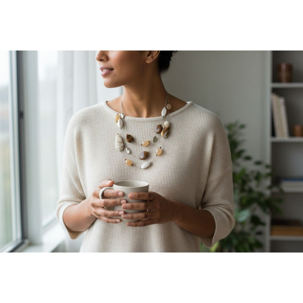 Multi-Strand Boho Necklace With Marble-Look Beads & Adjustable Chain
