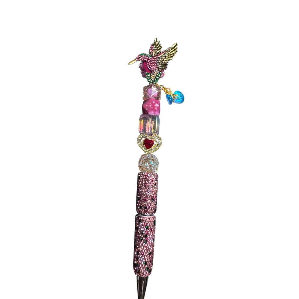 Hummingbird-Themed Decorative Pen With Rhinestones & Beads Pink & Gold Design Heart Accent Lightweight Writing Accessory