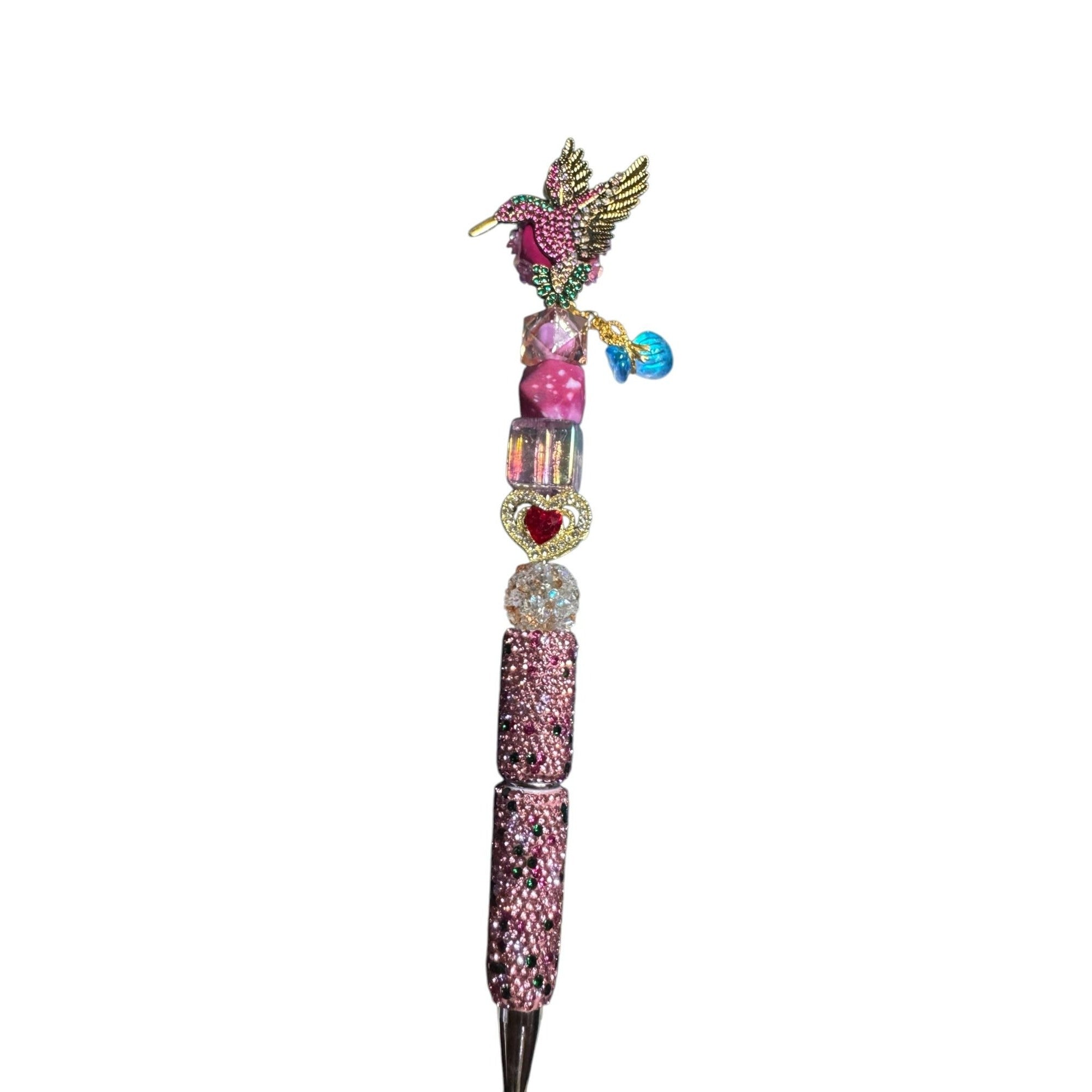Hummingbird-Themed Decorative Pen With Rhinestones & Beads Pink & Gold Design Heart Accent Lightweight Writing Accessory