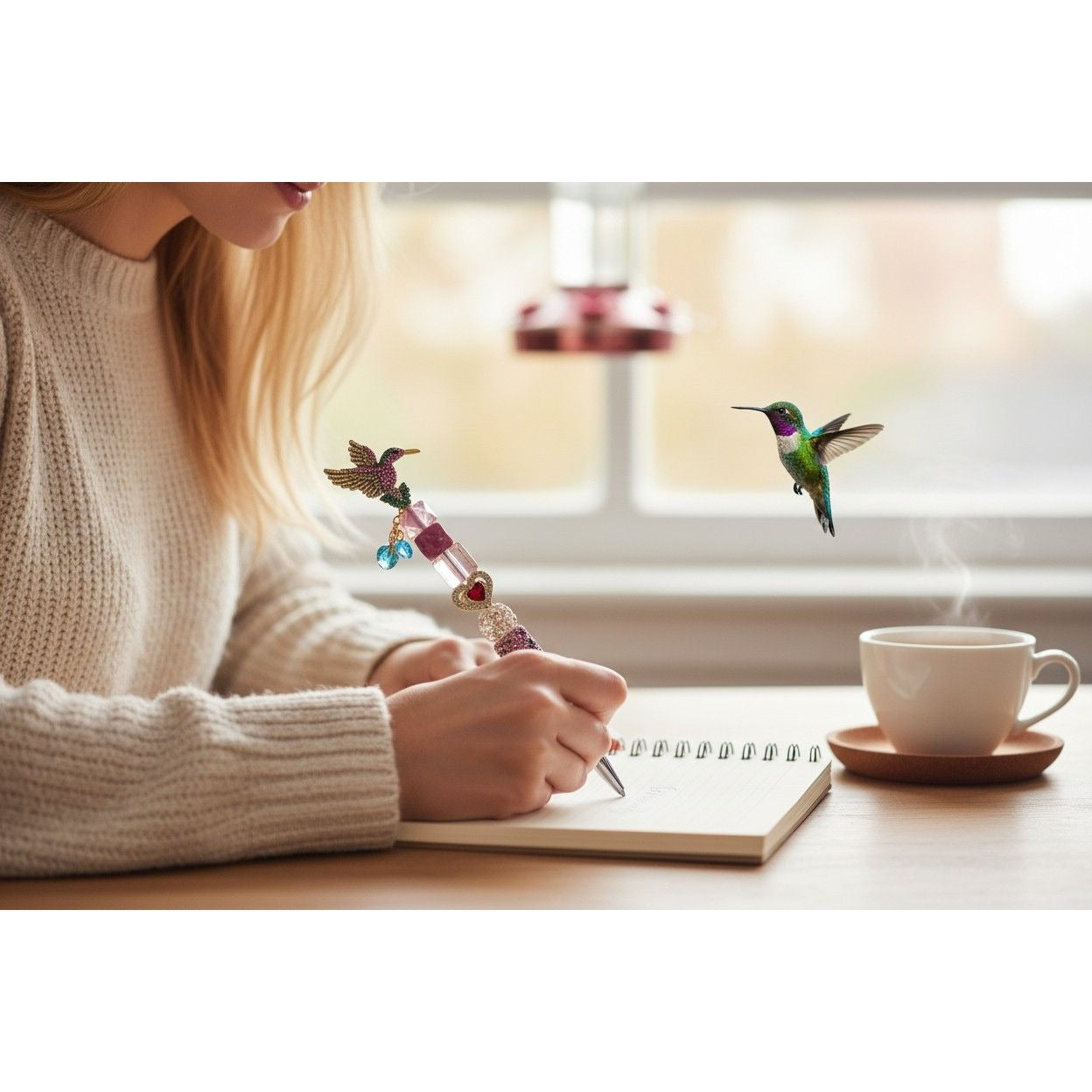 Hummingbird-Themed Decorative Pen With Rhinestones & Beads Pink & Gold Design Heart Accent Lightweight Writing Accessory
