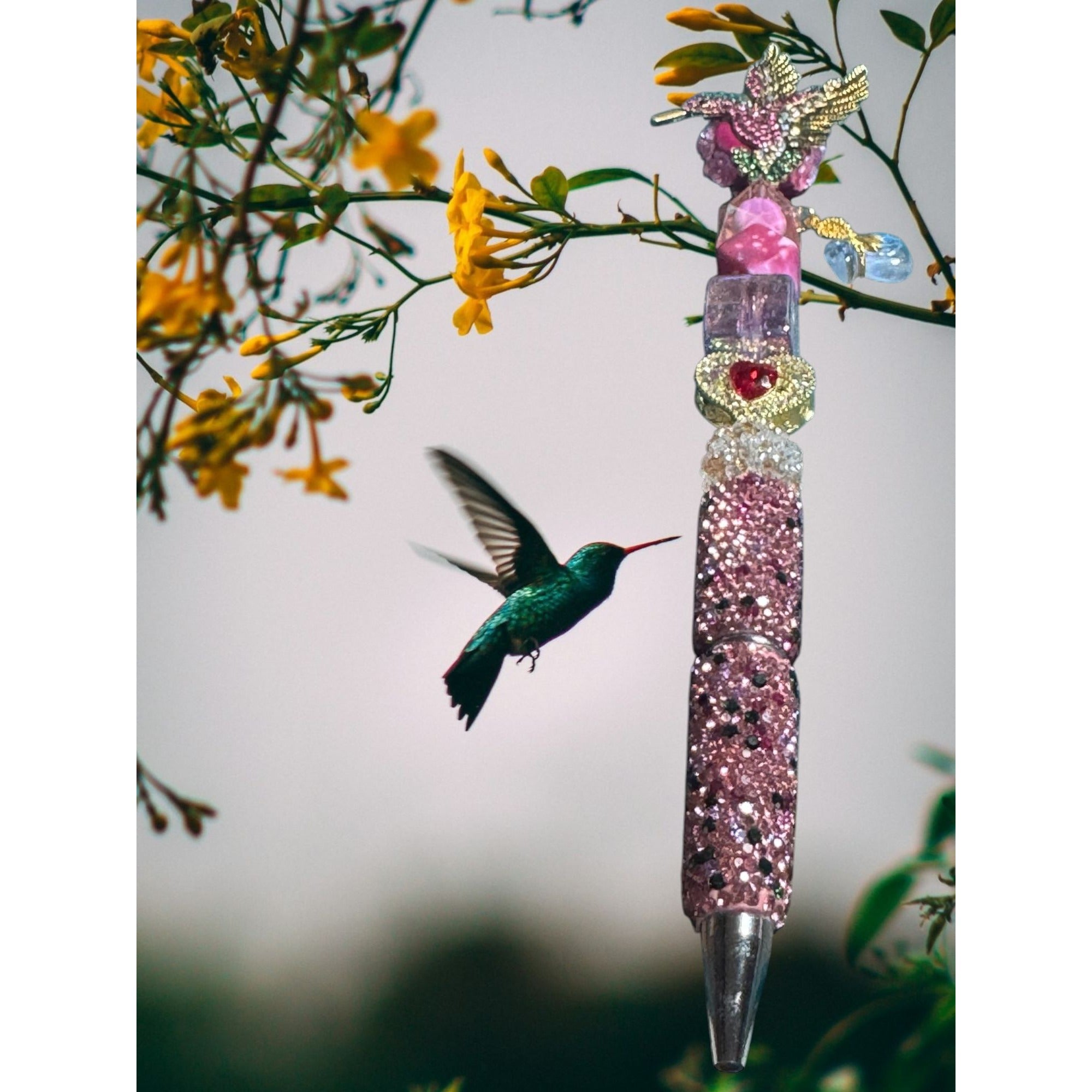 Hummingbird-Themed Decorative Pen With Rhinestones & Beads Pink & Gold Design Heart Accent Lightweight Writing Accessory