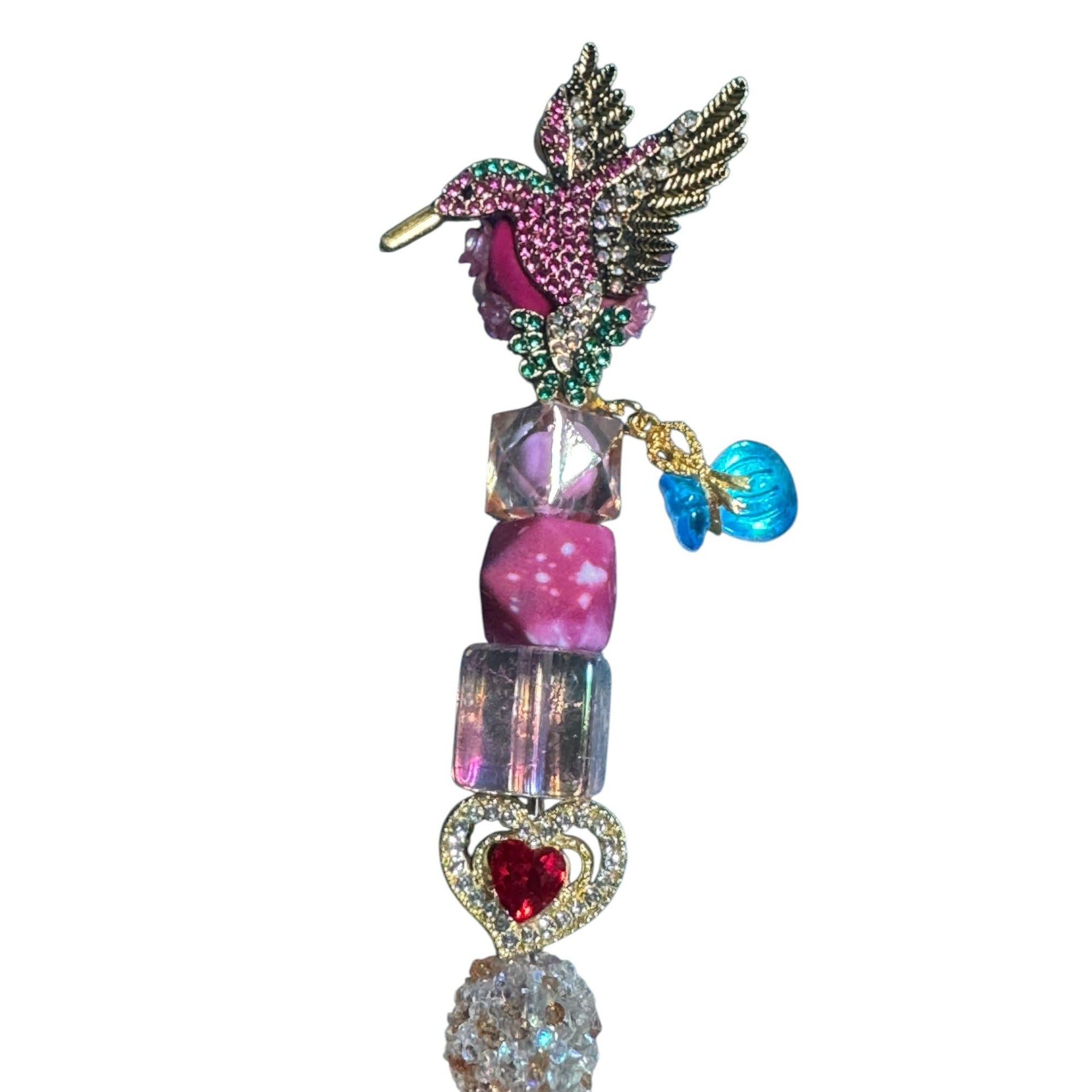 Hummingbird-Themed Decorative Pen With Rhinestones & Beads Pink & Gold Design Heart Accent Lightweight Writing Accessory