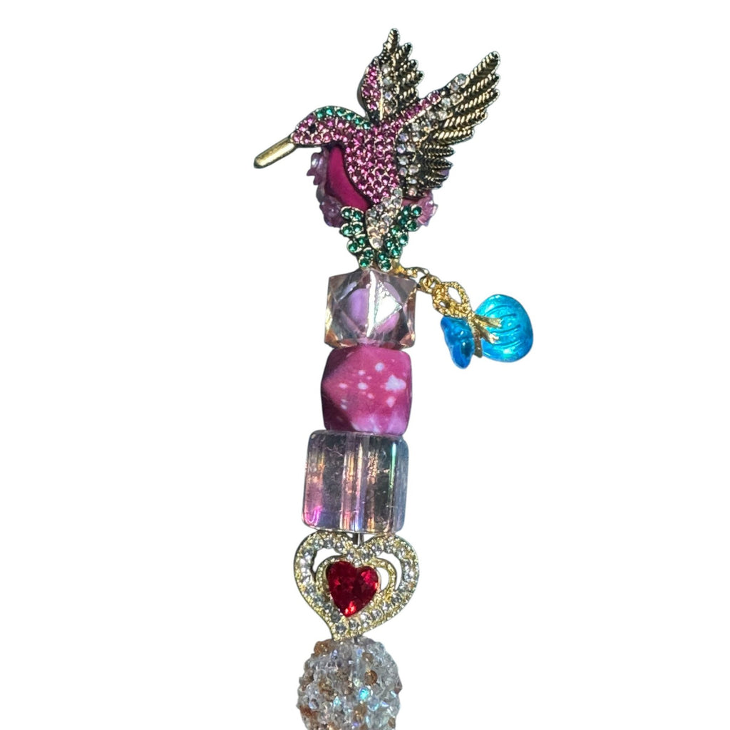 Hummingbird-Themed Decorative Pen With Rhinestones & Beads Pink & Gold Design Heart Accent Lightweight Writing Accessory