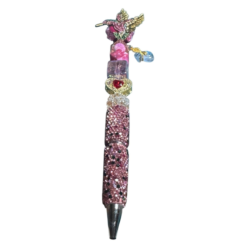 Hummingbird-Themed Decorative Pen With Rhinestones & Beads Pink & Gold Design Heart Accent Lightweight Writing Accessory