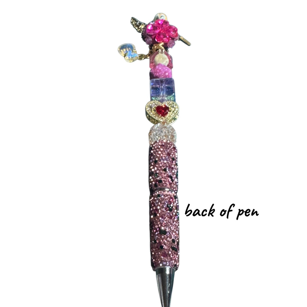 Hummingbird-Themed Decorative Pen With Rhinestones & Beads Pink & Gold Design Heart Accent Lightweight Writing Accessory