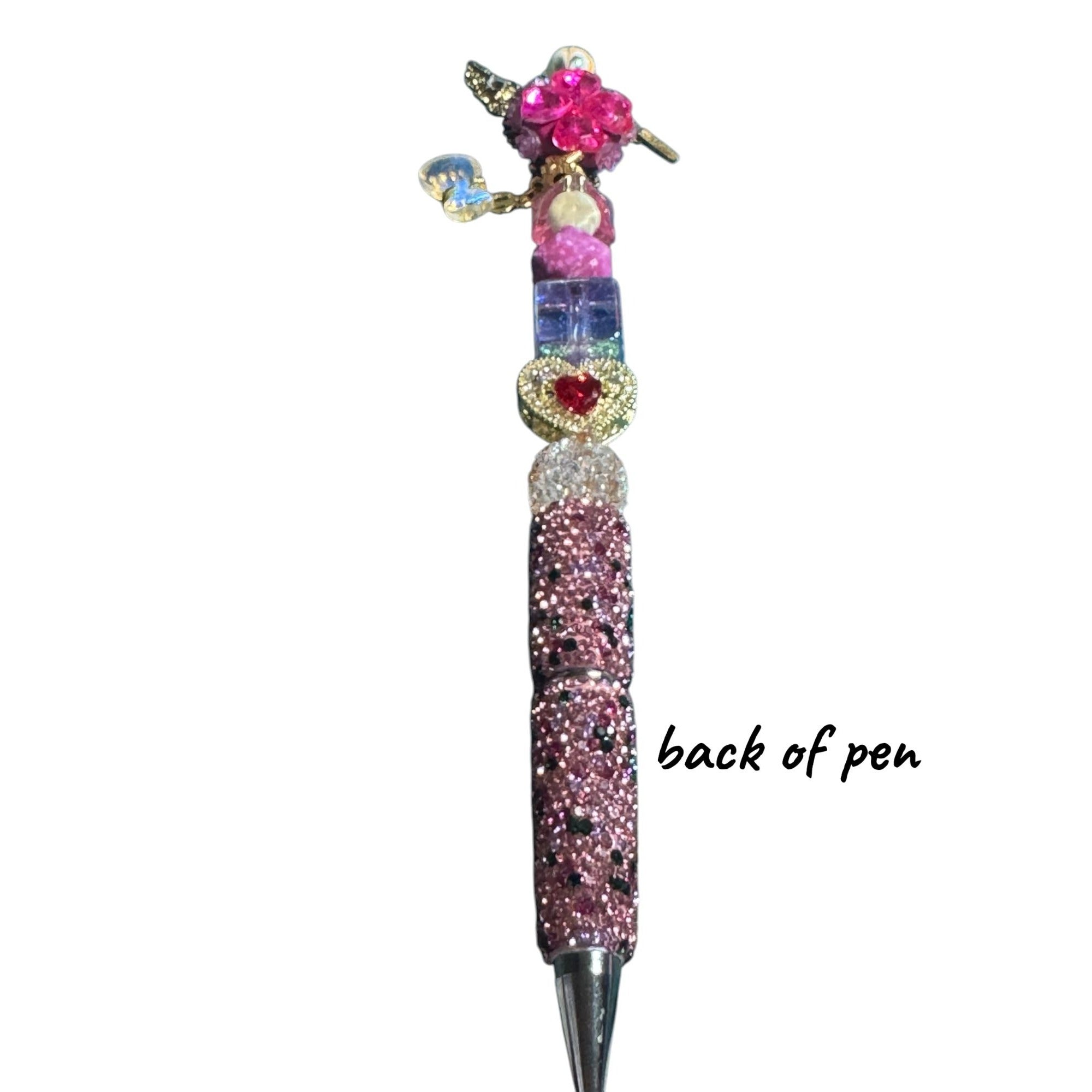 Hummingbird-Themed Decorative Pen With Rhinestones & Beads Pink & Gold Design Heart Accent Lightweight Writing Accessory