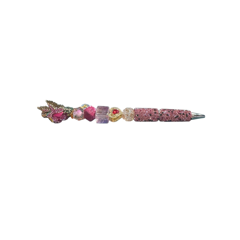Hummingbird-Themed Decorative Pen With Rhinestones & Beads Pink & Gold Design Heart Accent Lightweight Writing Accessory