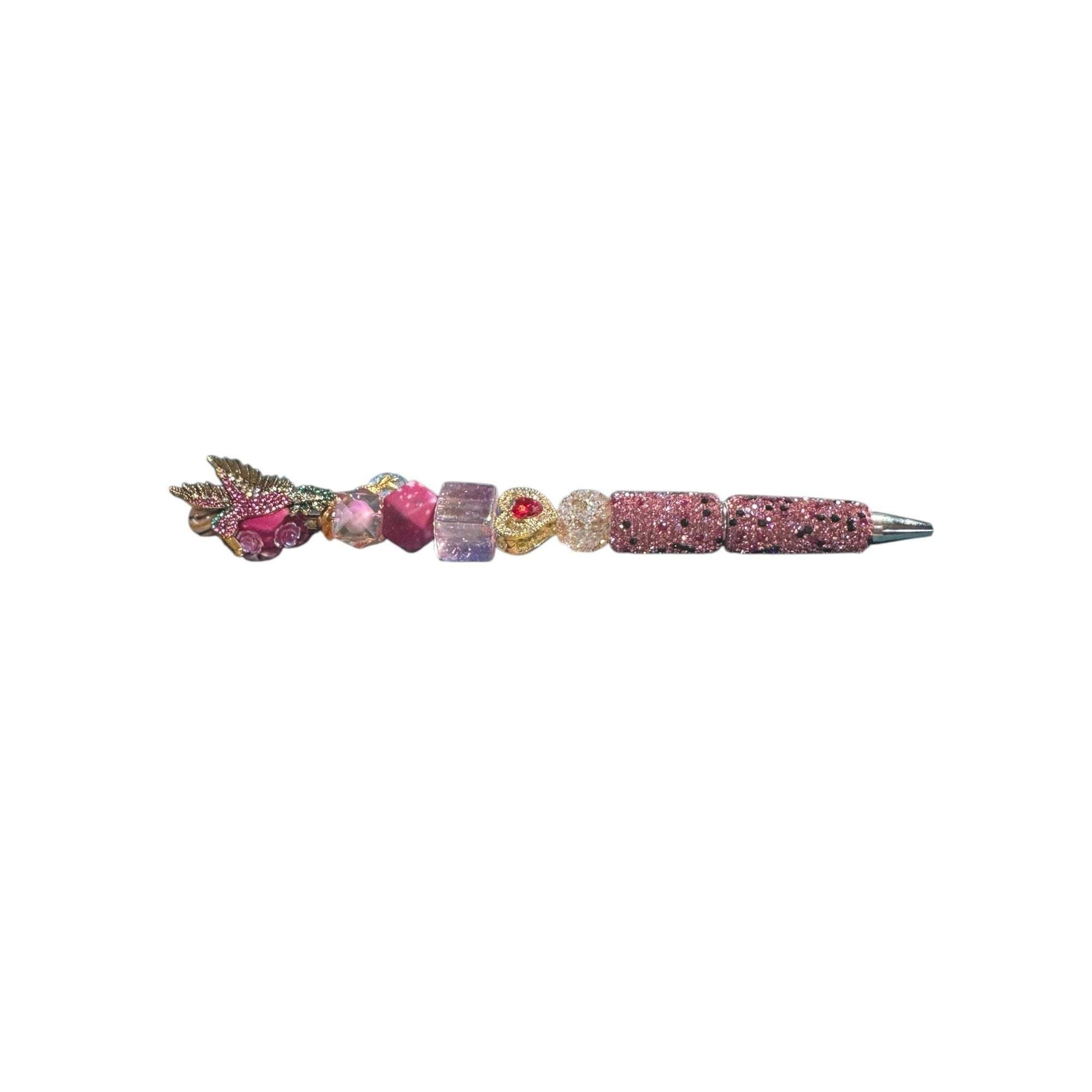 Hummingbird-Themed Decorative Pen With Rhinestones & Beads Pink & Gold Design Heart Accent Lightweight Writing Accessory