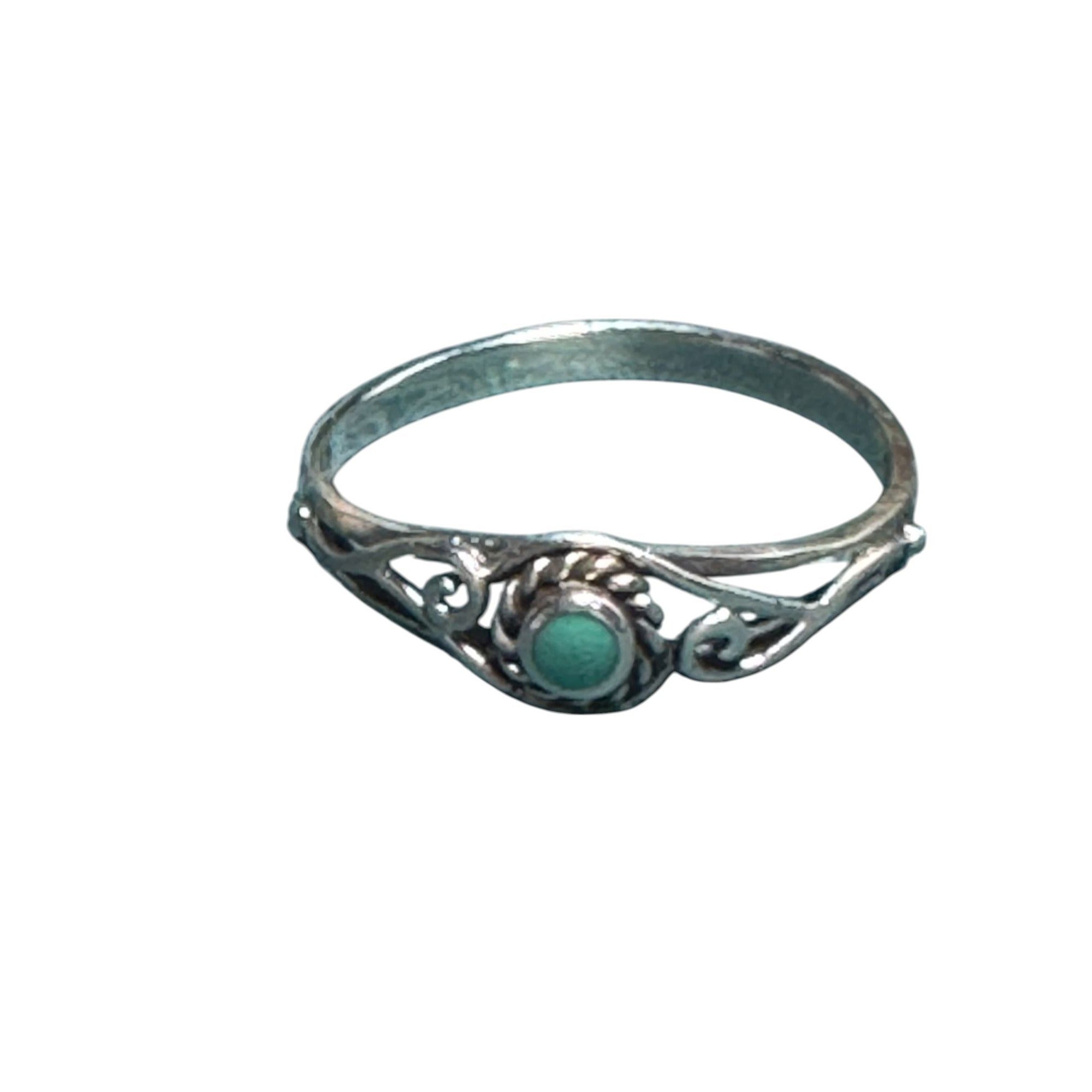 Vintage Sterling Silver Turquoise Ring With Intricate Scrollwork Band Design