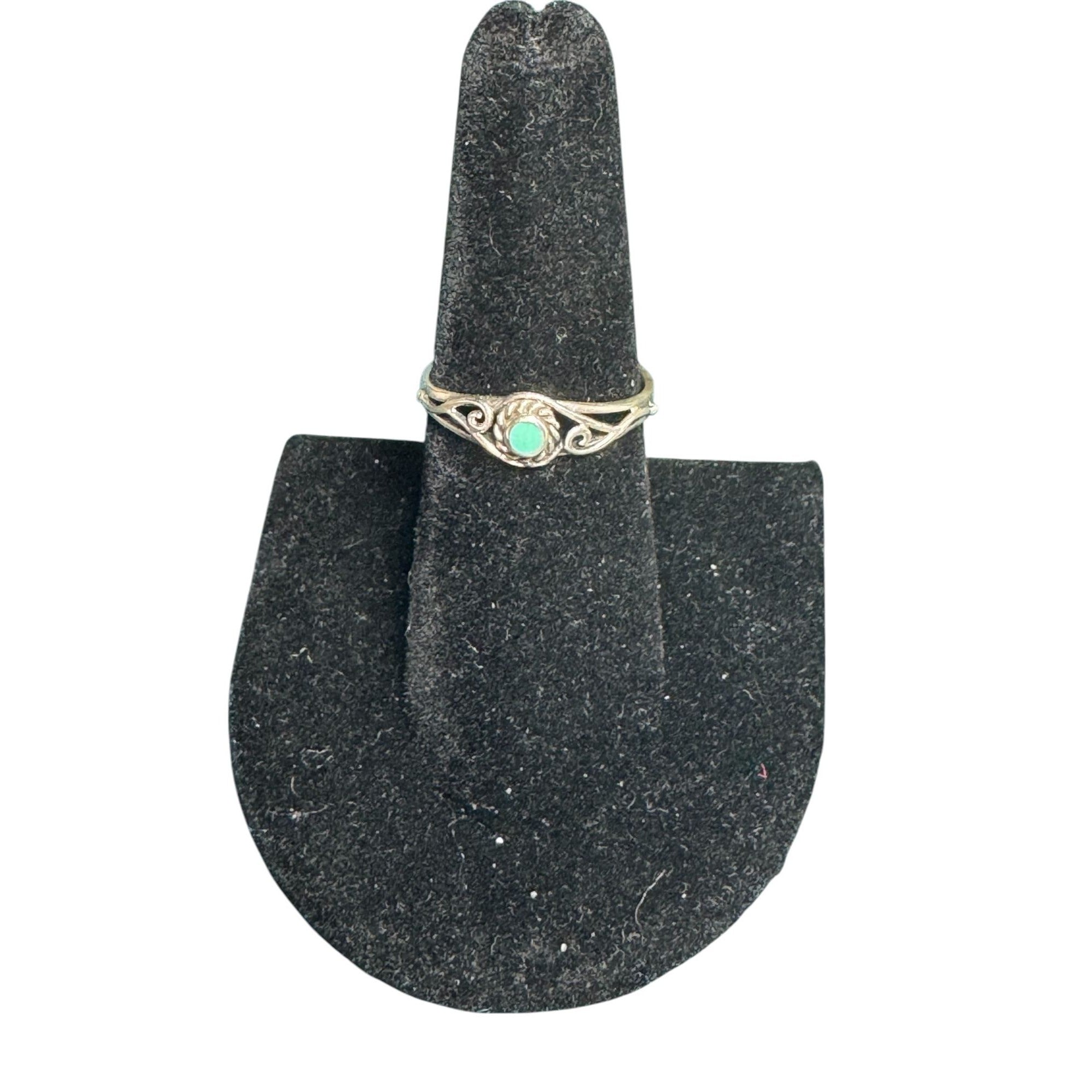 Vintage Sterling Silver Turquoise Ring With Intricate Scrollwork Band Design