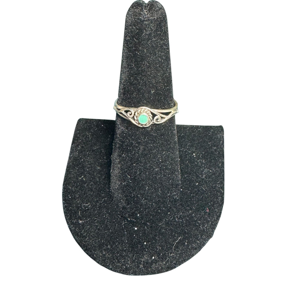 Vintage Sterling Silver Turquoise Ring With Intricate Scrollwork Band Design