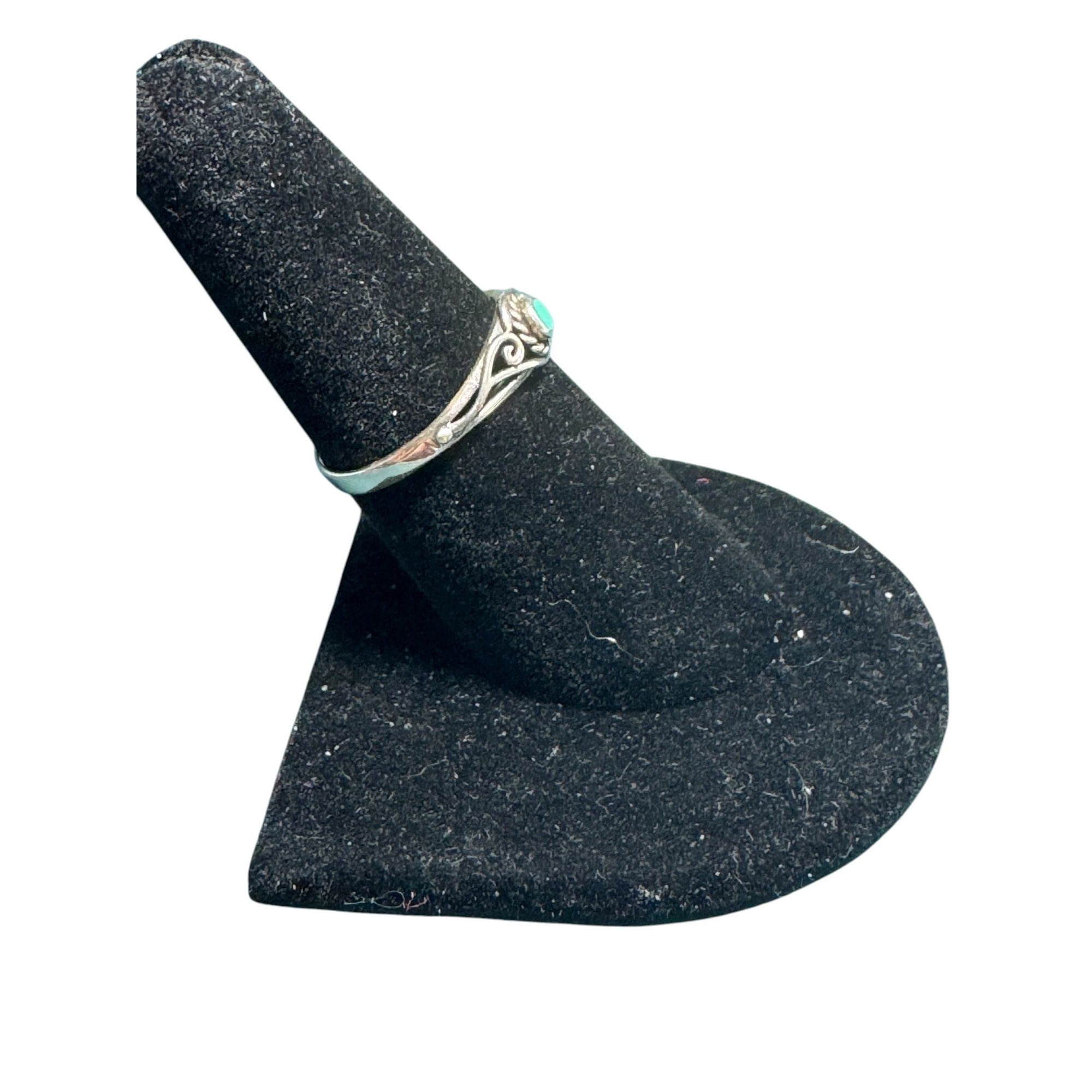 Vintage Sterling Silver Turquoise Ring With Intricate Scrollwork Band Design