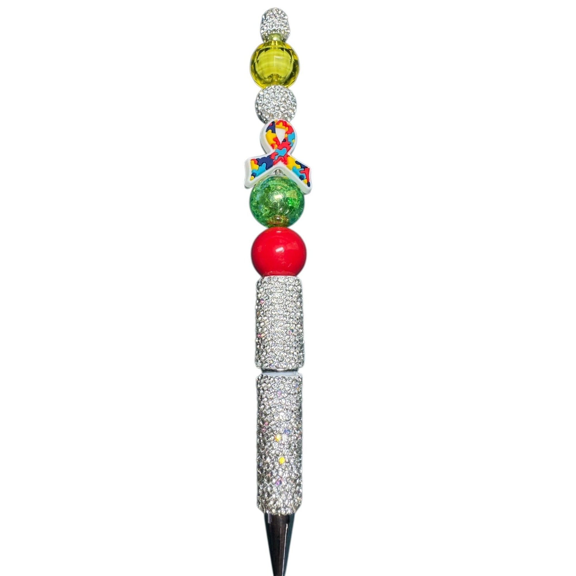 Colorful Beaded Ballpoint Pen With Puzzle Ribbon Design For Autism Awareness