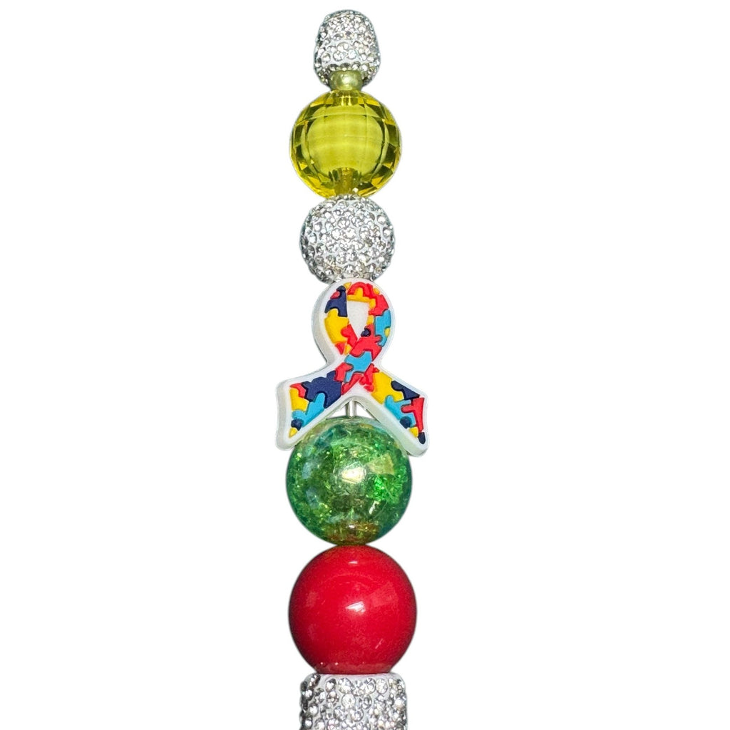 Colorful Beaded Ballpoint Pen With Puzzle Ribbon Design For Autism Awareness