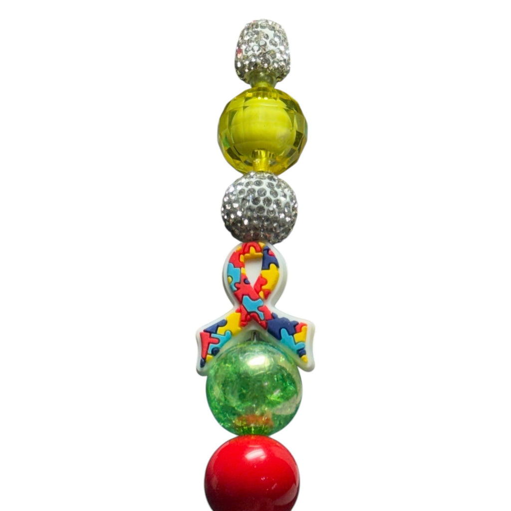 Colorful Beaded Ballpoint Pen With Puzzle Ribbon Design For Autism Awareness