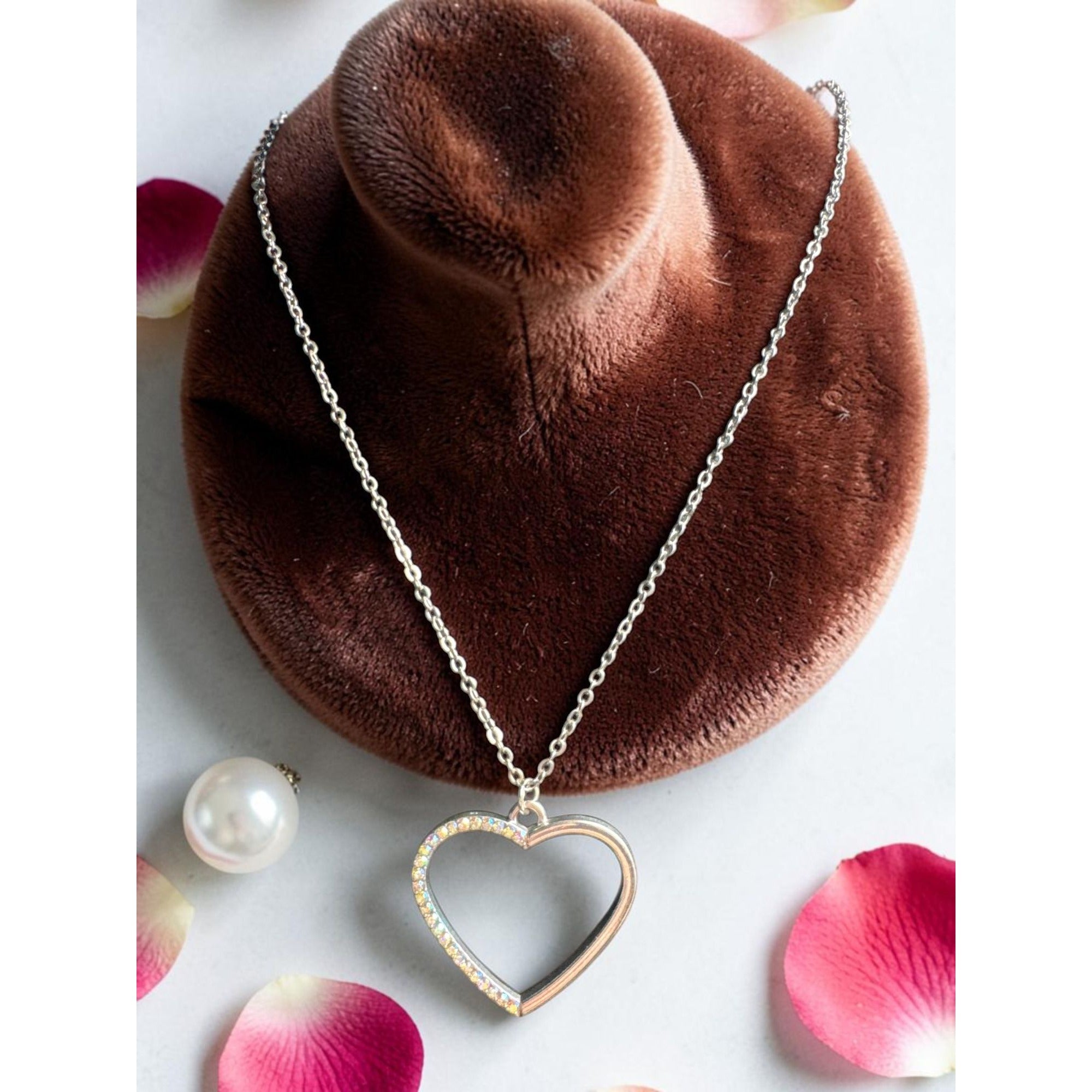 Crystal-Accented Silver-Tone Heart Pendant Necklace With Chain Elegant Open-Heart Design For Women