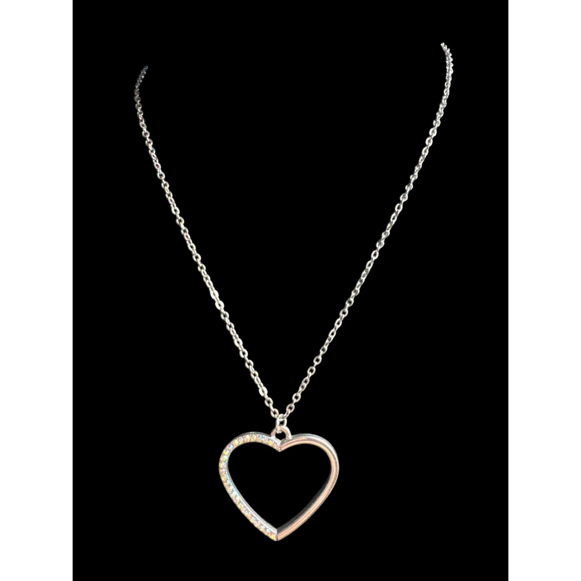 Crystal-Accented Silver-Tone Heart Pendant Necklace With Chain Elegant Open-Heart Design For Women