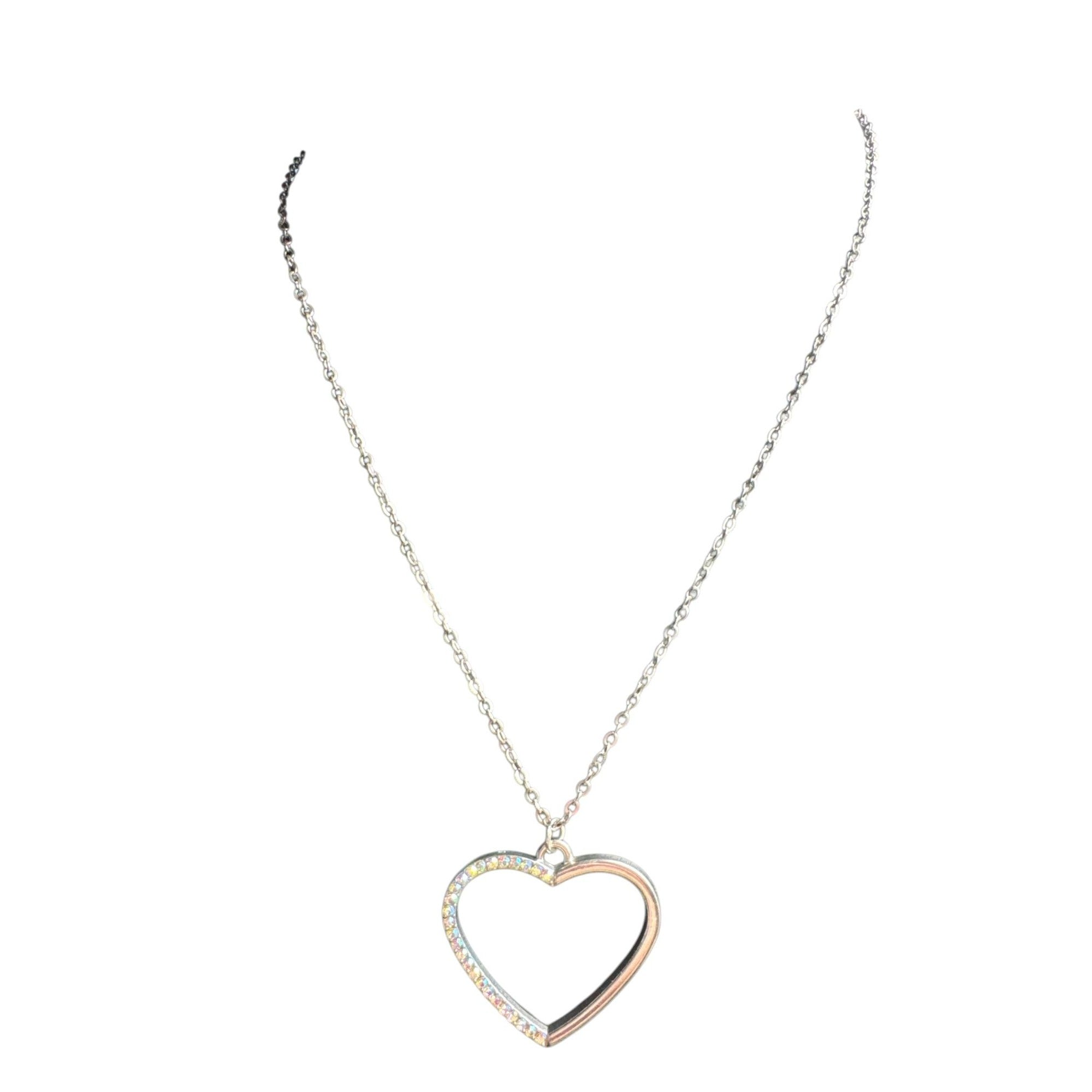 Crystal-Accented Silver-Tone Heart Pendant Necklace With Chain Elegant Open-Heart Design For Women