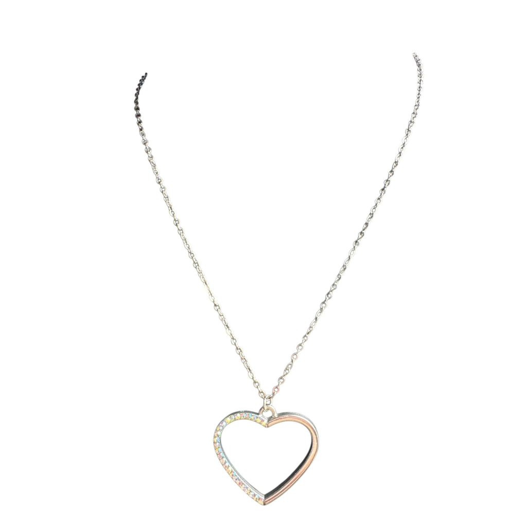 Crystal-Accented Silver-Tone Heart Pendant Necklace With Chain Elegant Open-Heart Design For Women