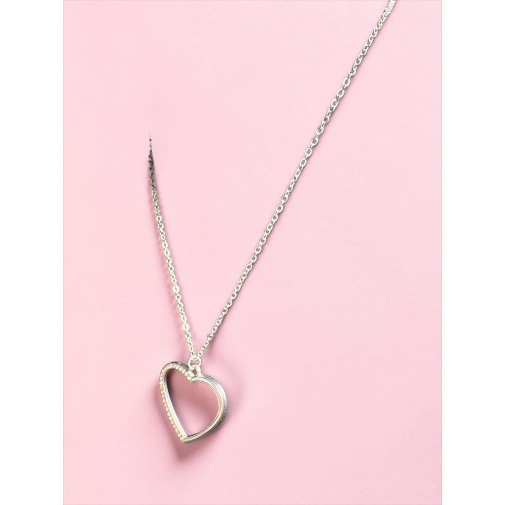Crystal-Accented Silver-Tone Heart Pendant Necklace With Chain Elegant Open-Heart Design For Women