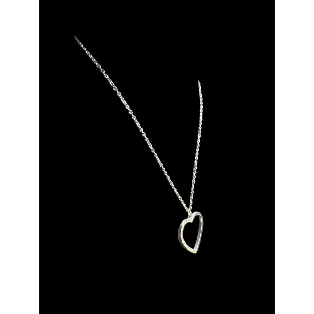 Crystal-Accented Silver-Tone Heart Pendant Necklace With Chain Elegant Open-Heart Design For Women