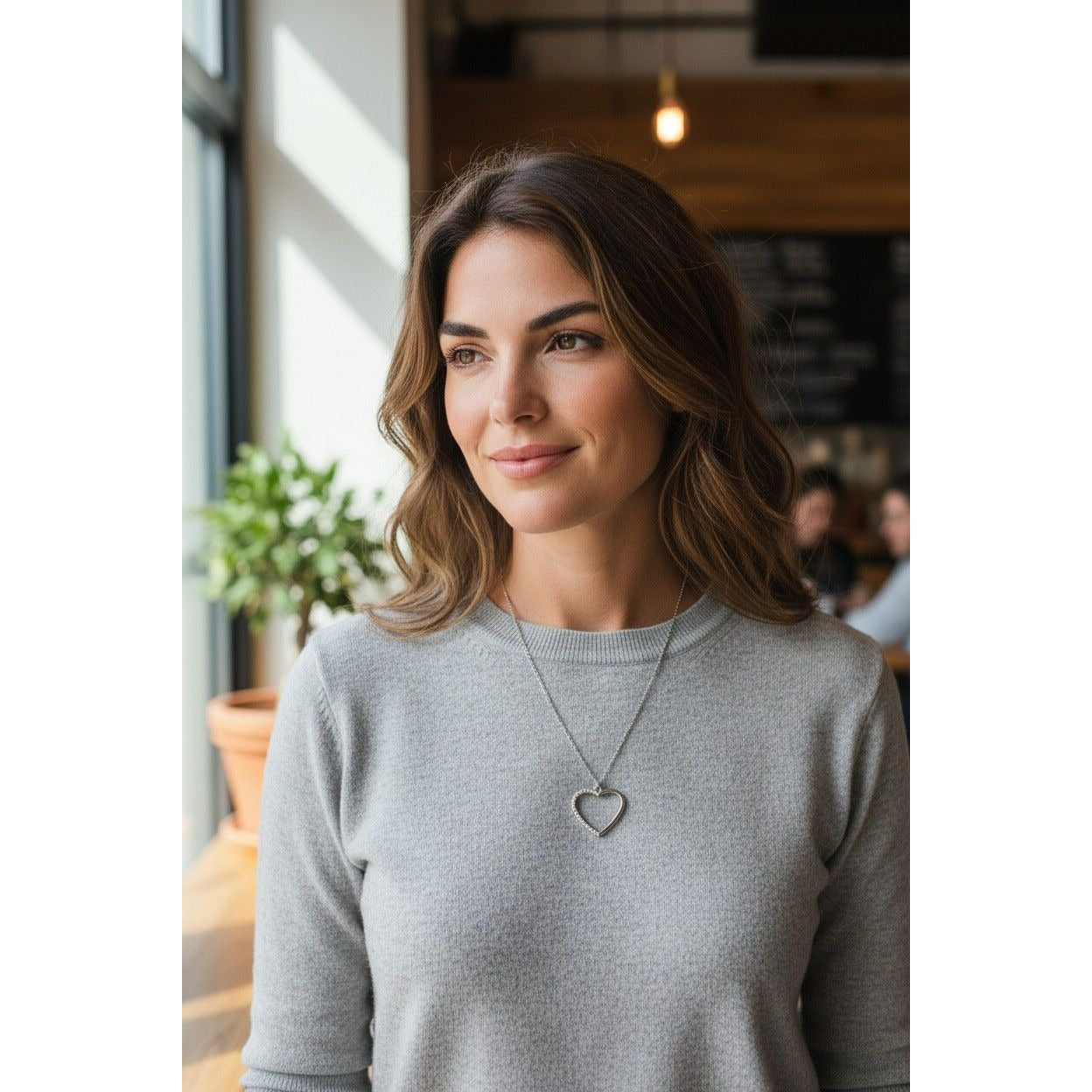 Crystal-Accented Silver-Tone Heart Pendant Necklace With Chain Elegant Open-Heart Design For Women