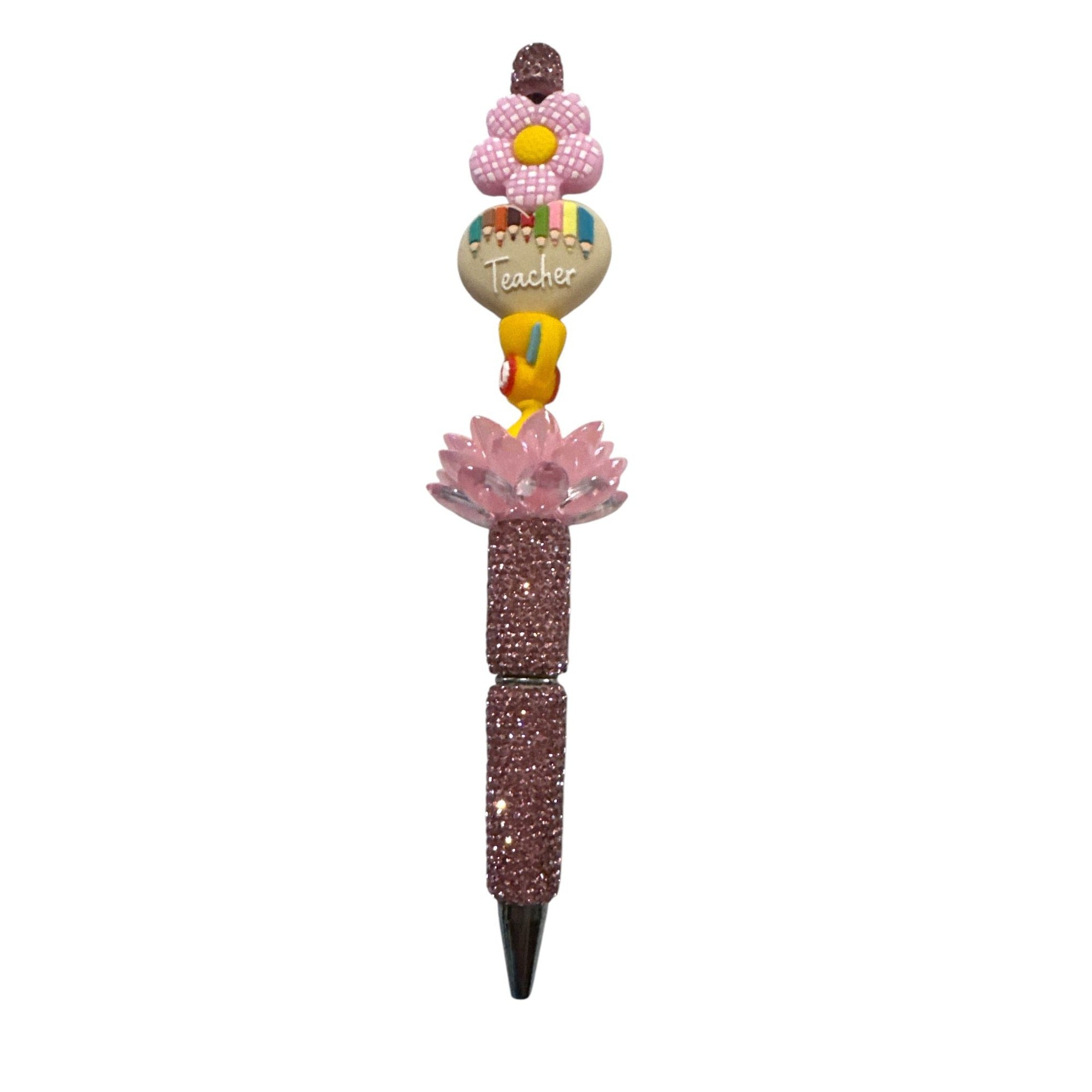 Teacher Appreciation Glitter Pen With Flower & Trophy Design - Pink Sparkle Handle - Cute Gift Idea For Teachers